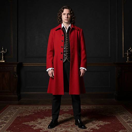 Photograph of a curly-haired man in a long red coat, black waistcoat, and white shirt, standing in a dark, elegant room with a
