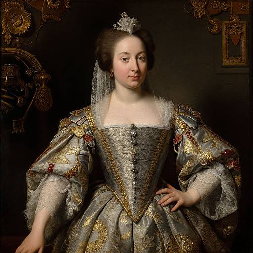 Baroque-style portrait of a white, 18th-century noblewoman with powdered hair, wearing an ornate, silver-embroidered gown,