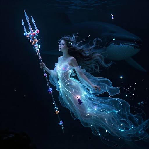 Digital artwork of a glowing, ethereal mermaid with flowing blue-green dress, holding a bioluminescent trident, surrounded by underwater lights.
