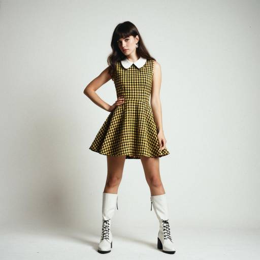 Woman in Mod Style Yellow Checkered Dress
