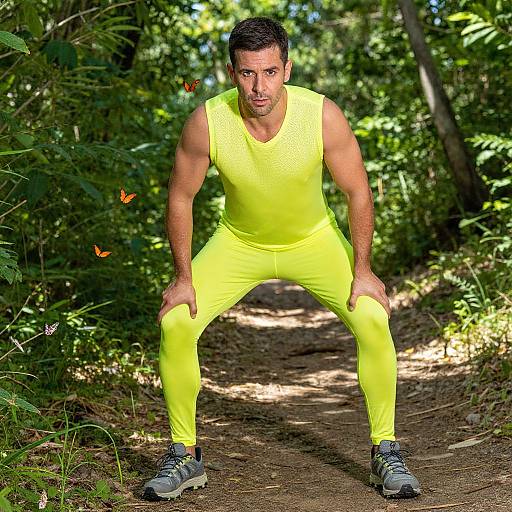 Photograph of a muscular man with short black hair, wearing a bright yellow sleeveless top and pants, crouching on a forest trail, surrounded