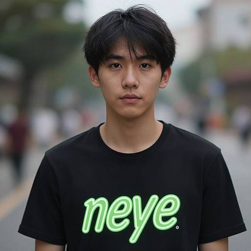 Photograph of an Asian man with short black hair, wearing a black t-shirt with neon green 