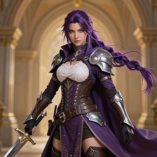 Digital art of a fierce, purple-haired warrior woman in ornate, silver armor with a sword, set in a grand, arched, golden-h