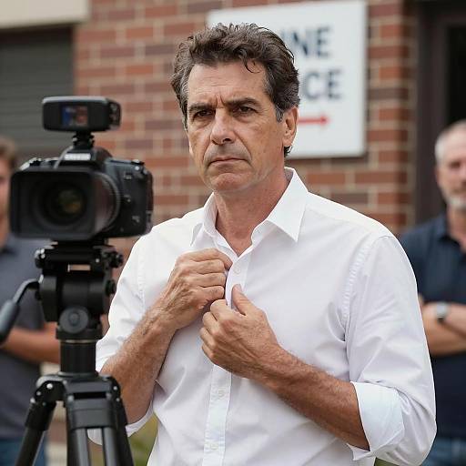 Middle-aged man adjusting shirt near camera