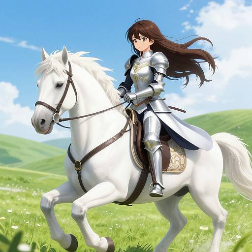 Digital illustration of a brown-haired woman in silver armor riding a white horse through a green, sunny meadow with blue sky.