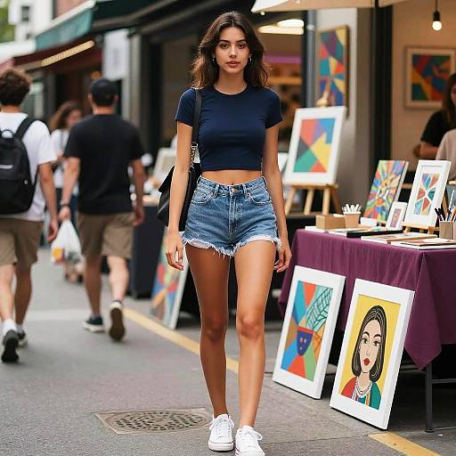 Photograph of a young woman with long brown hair, wearing a black crop top and high-waisted denim shorts, walking past an outdoor art market