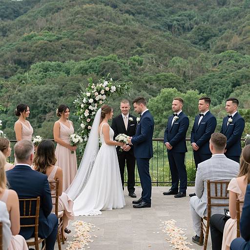 Photograph of outdoor wedding ceremony with bride in white gown, groom in black tuxedo, surrounded by guests and floral arch, forest background.