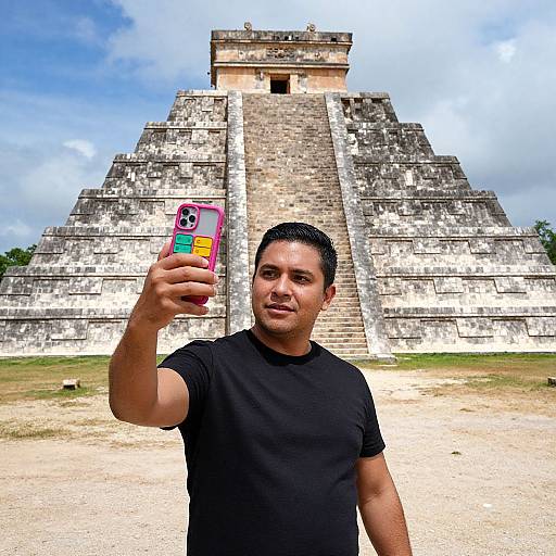 Photograph of a short-haired man in a black t-shirt taking a selfie in front of the ancient Mayan pyramid, with a colorful phone case and