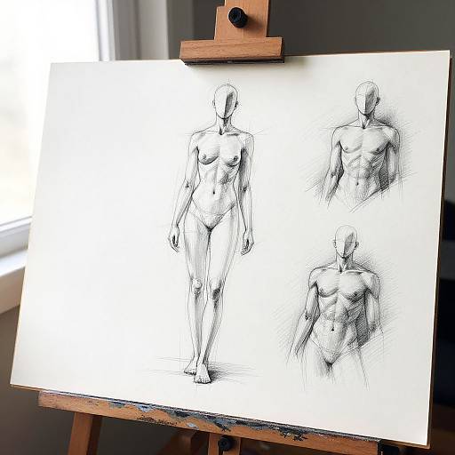 Black-and-white pencil sketch of three human figures on an easel, showing different poses and perspectives, with light streaming from the left.