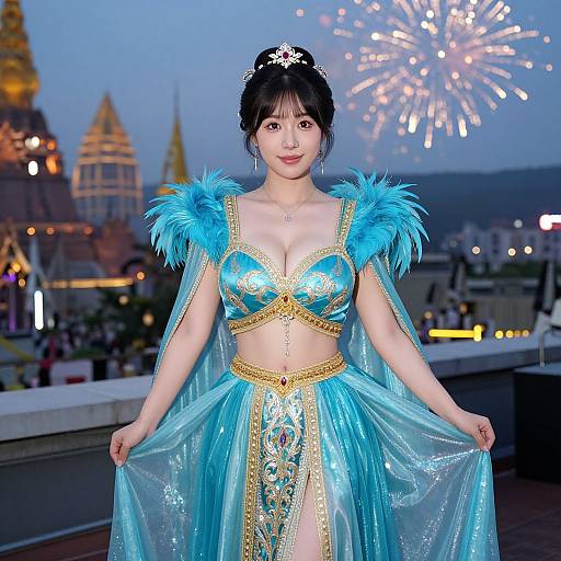 Festive Woman in Turquoise Celebration Costume