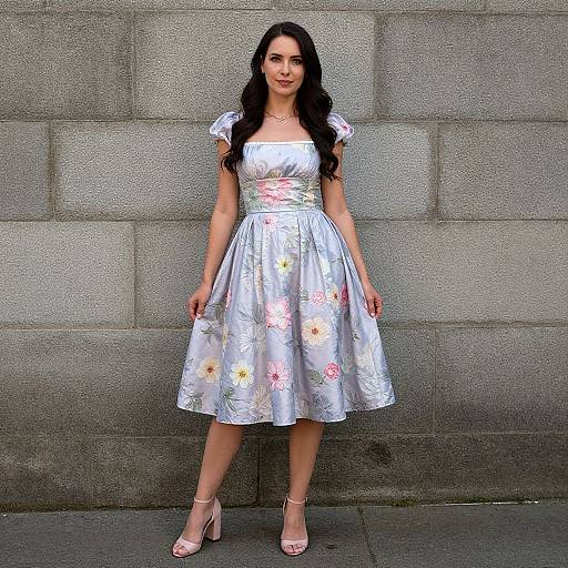 Photograph of a young woman with long black hair, wearing a silver floral dress, pink heels, and standing against a gray brick wall.