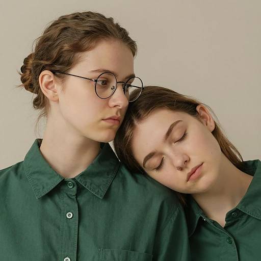 Two Women in Green Shirts with Intimate Pose