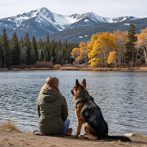 Woman and German Shepherd by Lake