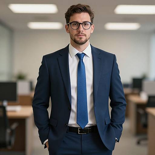 Photograph of a young, handsome Caucasian man with brown hair, beard, glasses, in a dark suit, white shirt, and blue tie, standing