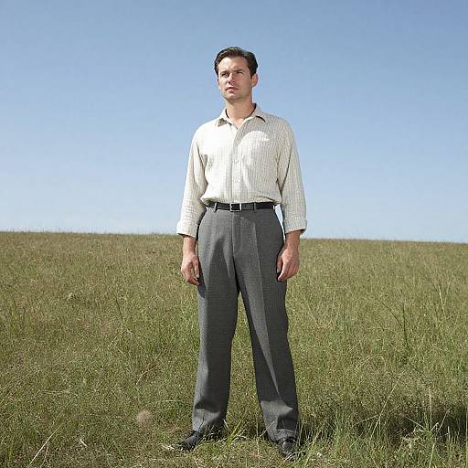 Photograph of a tall, fair-skinned man with short dark hair, wearing a white checkered shirt and gray slacks, standing in a grass