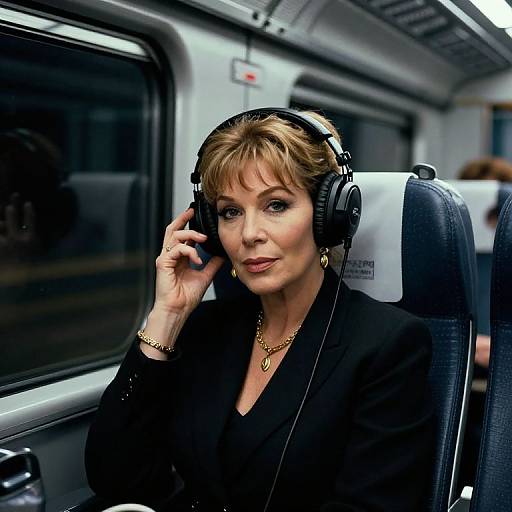 Photograph of a blonde woman with fair skin, wearing black headphones, a black blazer, and gold jewelry, seated on a train. She's