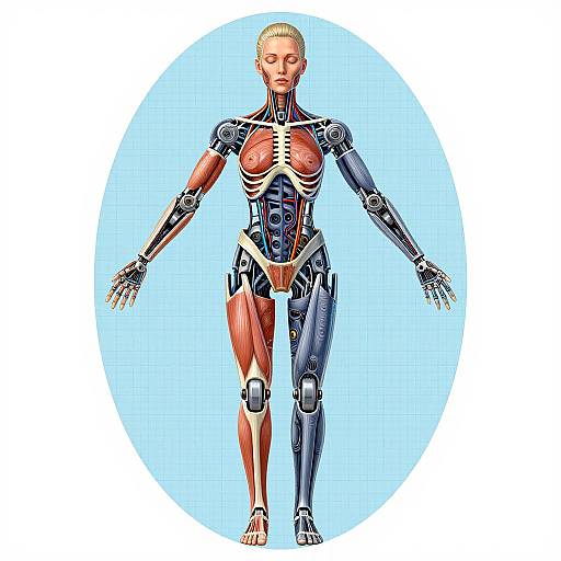 Digital illustration of a blonde, humanoid robot with exposed red muscle-like structures and metallic blue and silver joints, standing against a light blue circular background.