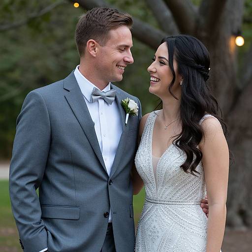 Photograph of a smiling couple on their wedding day; groom in gray suit, white bow tie, white boutonnière; bride in sparkling white