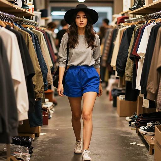 Photograph of an Asian woman with long black hair, wearing a black hat, gray long-sleeve shirt, blue shorts, and white sneakers,