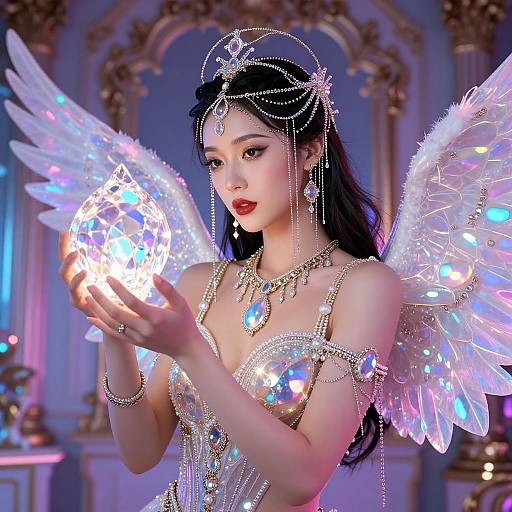 Photorealistic CGI of an ethereal Asian woman with glowing wings, wearing a sparkly, jewel-encrusted dress and headpiece, holding