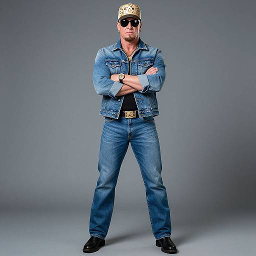 Photograph of a muscular man with a gold crown cap, dark sunglasses, blue denim jacket, and jeans, standing confidently with arms crossed against a gray