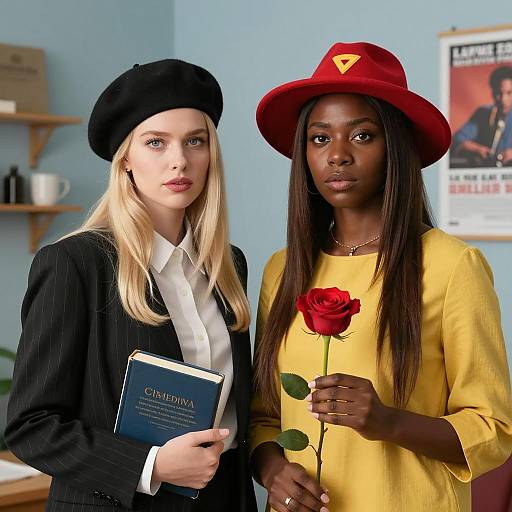 Two Stylish Women with Book and Rose