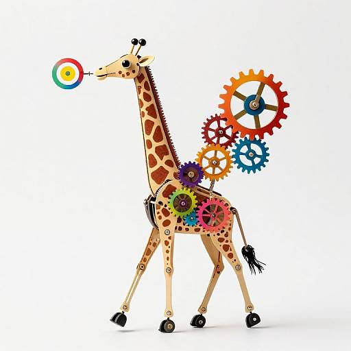 Colorful mechanical giraffe with gears, spotted pattern, and rainbow ring in mouth, standing on black wheels against white background.