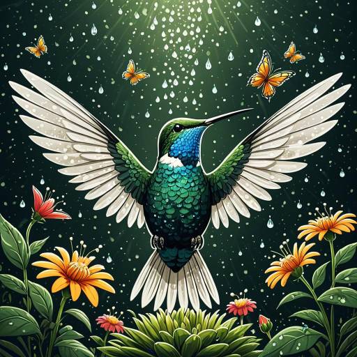 Joyful Hummingbird Deity with Butterflies and Dewdrops