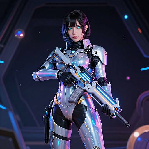 Digital CGI of a futuristic, blue-eyed Asian woman in a shiny, silver and black armored suit, holding a glowing laser gun, standing in a dark