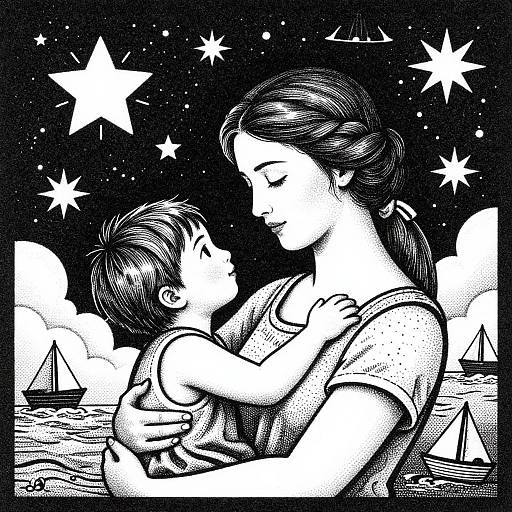 Black-and-white ink drawing of a woman with long hair gently hugging a young boy, surrounded by stars, sailboats, and a night sky.