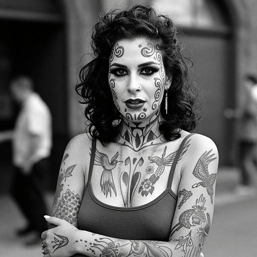 Black-and-white photograph of a tattooed woman with curly hair, dark makeup, and intricate facial and arm tattoos, wearing a tank top. Blurred
