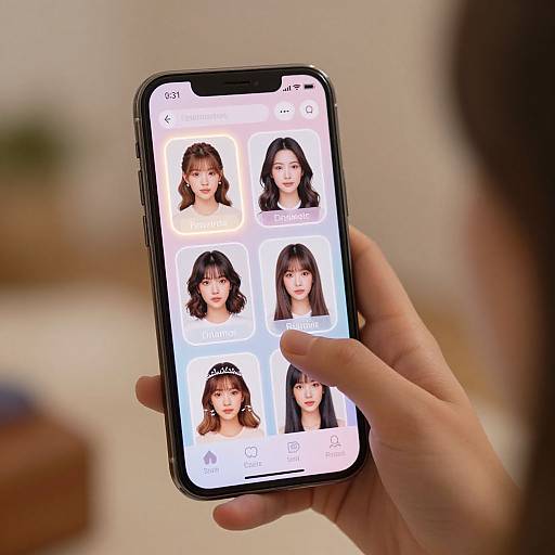 Photograph of a hand holding a smartphone displaying four Asian women's faces in profiles, each with a name and rating. Blurred background.