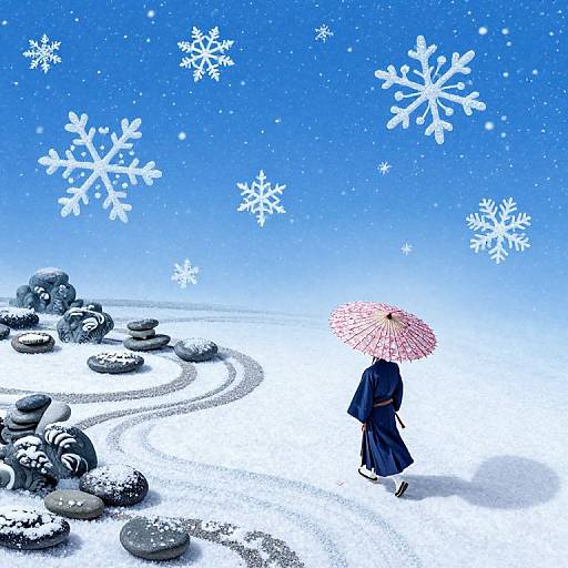 Anime-style digital artwork of a person in a blue kimono with a pink umbrella walking through a snowy landscape with large snowflakes and stone pathways.