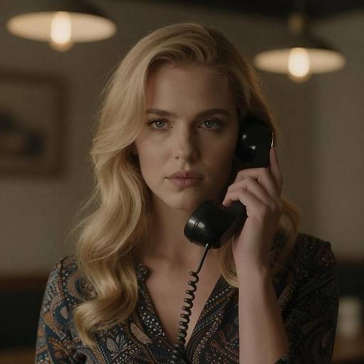 Serious Blonde Woman with Vintage Telephone