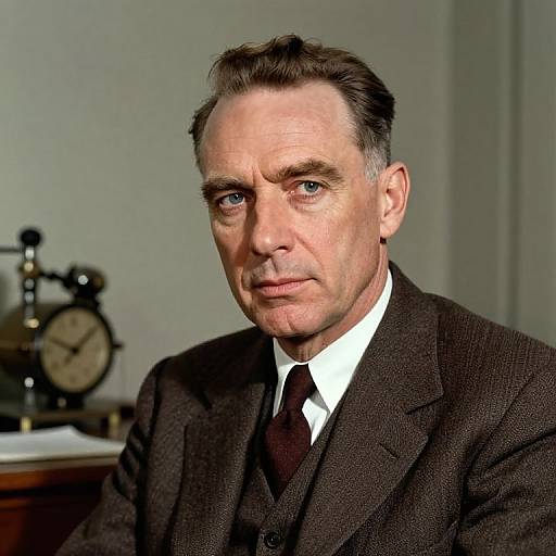 Photograph of a middle-aged white man with short dark hair, blue eyes, wearing a dark brown suit, white shirt, and maroon tie,