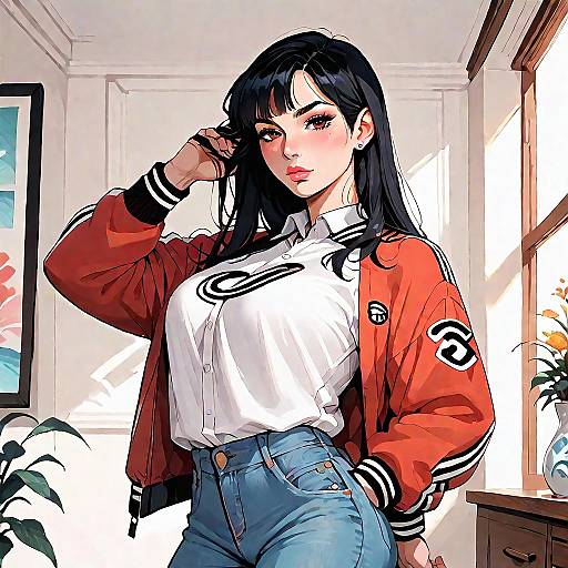 Mulan in Letterman Jacket at Home
