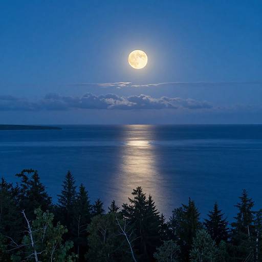 Photograph of a moonlit night over a calm ocean, with silhouetted trees in the foreground and a bright, full moon reflecting on the