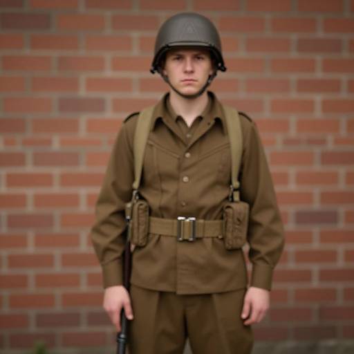 Photograph of a serious young woman in World War II-era British military uniform, brown helmet, and backpack, standing against a red brick wall.