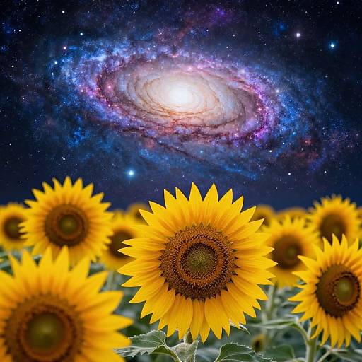 Photograph of vibrant yellow sunflowers in a field under a mesmerizing, colorful galaxy with stars, blending earth and cosmos.
