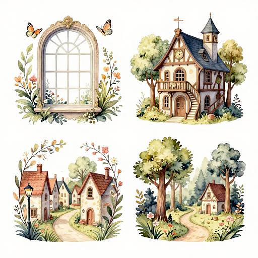 Watercolor illustration of four quaint, fairy-tale cottages with flower-filled windows, surrounded by lush gardens and trees, featuring butterflies and warm, inviting