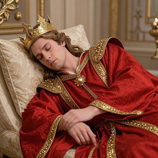 Photograph of a young, fair-skinned man with long brown hair, wearing a gold crown and ornate red robe, sleeping on an elegant,