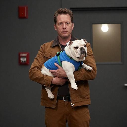 Man Holding Bulldog in Dim Room