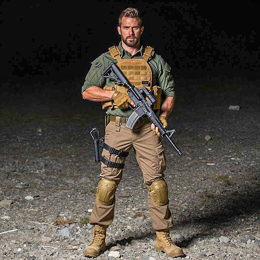 Armed tactical soldier standing on rocky terrain