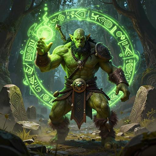 Digital art of a muscular green orc casting glowing green magic, standing in a misty forest with ancient runes and stone ruins.