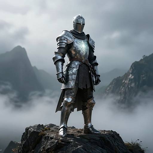 Photograph of a medieval knight in full silver armor, standing on a rocky peak, with misty mountains and overcast sky in the background.