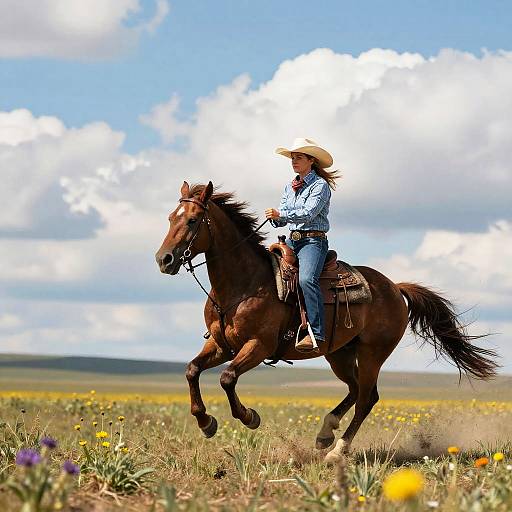 Cowgirl Riding Galloping Horse on Open Plains