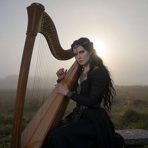 Gothic woman with long black hair playing a wooden harp in a misty, sunlit field; wearing black dress with silver jewelry. Phot