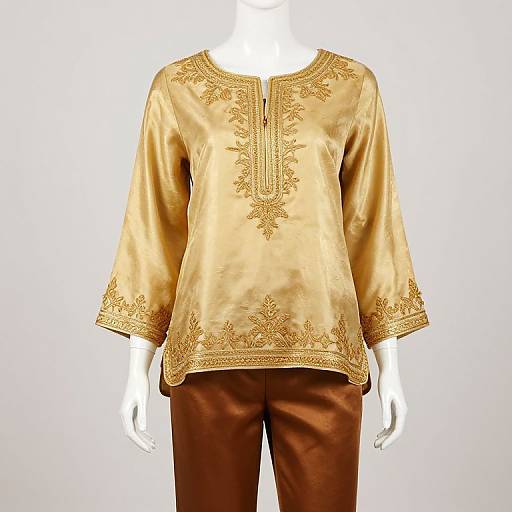 Photograph of a headless mannequin displaying a golden silk tunic with intricate embroidery, brown pants, and a simple round neckline.