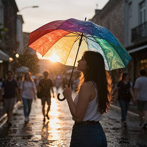 Photograph of a young woman with long dark hair holding a rainbow-colored umbrella, standing on a wet, sunlit street, surrounded by blurred pedestrians.