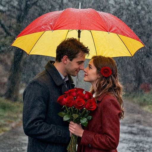Photograph of a romantic couple under a red-yellow umbrella, sharing a kiss in the rain, holding red roses and a red rose.